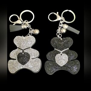 Elegant Silver and Black Rhinestone Teddy Bear Bag Charm Keychains Set